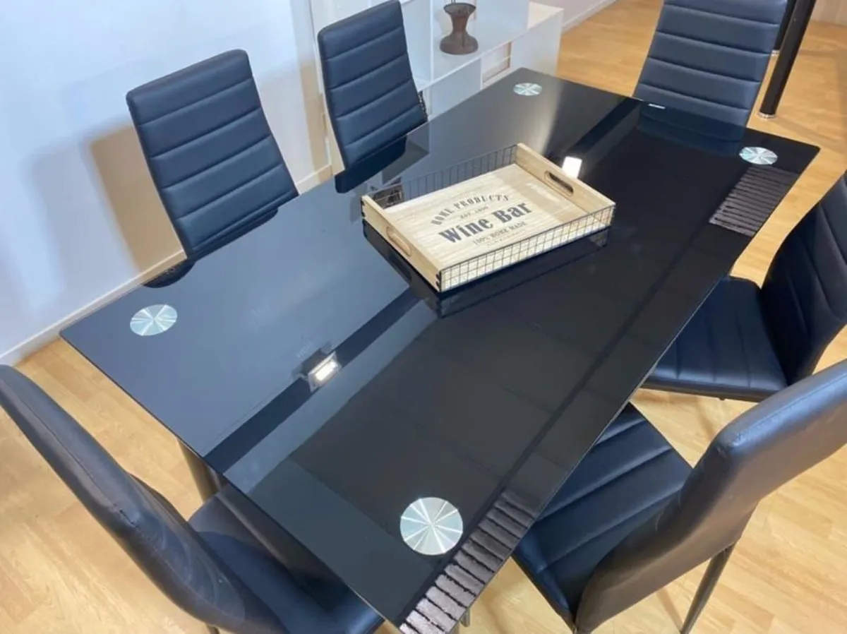 Black Glass Dining Table Set Seats 6 in Style! - Image 1