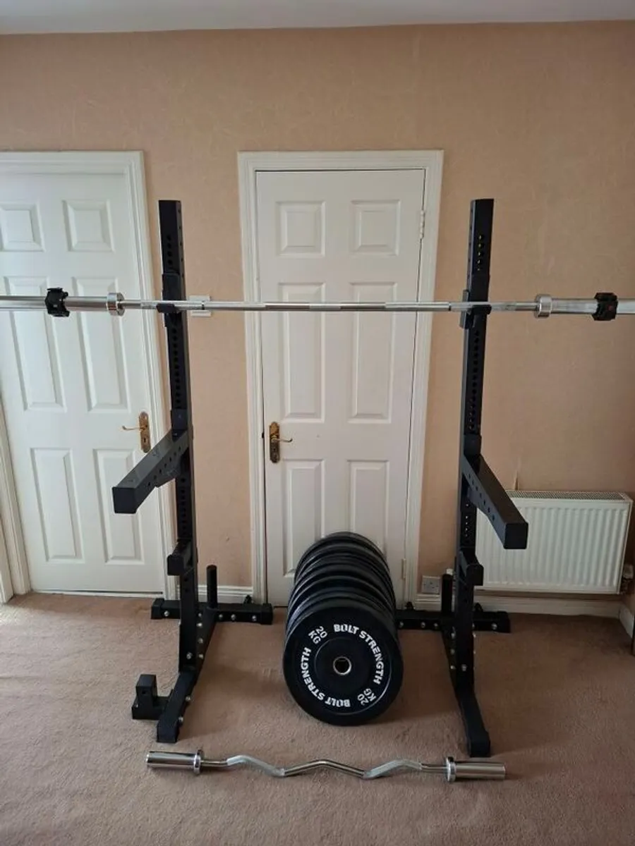 Hit Fitness Squat Stands + Mirafit Spotter Arms + 150kg Olympic Bumper Plates + Olympic Bar & EZ Curl Bar - Image 1