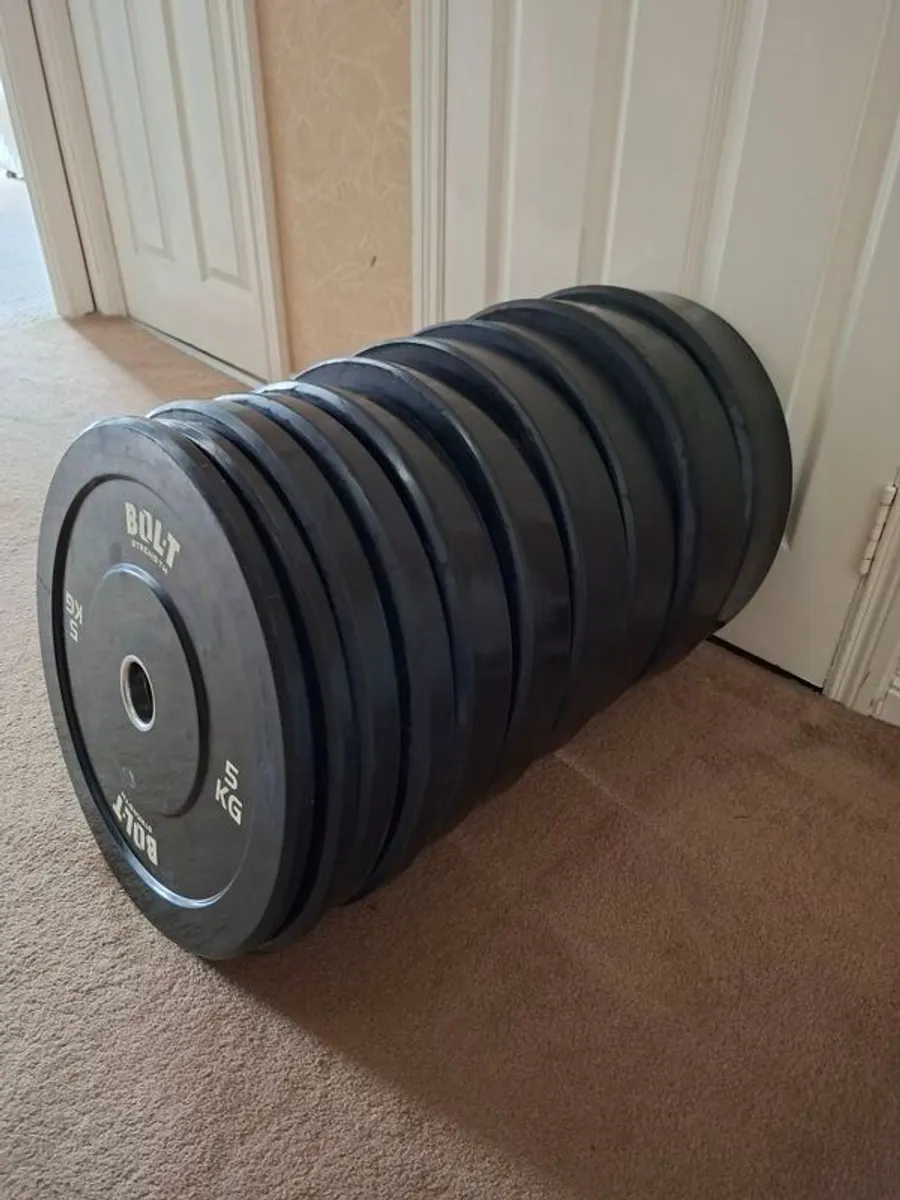 Hit Fitness Squat Stands + Mirafit Spotter Arms + 150kg Olympic Bumper Plates + Olympic Bar & EZ Curl Bar - Image 2