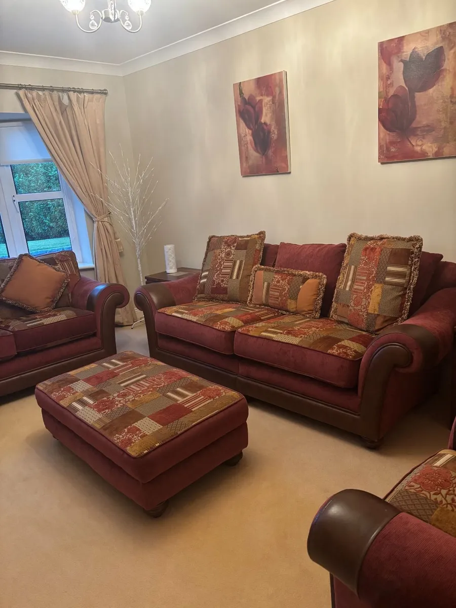 3-Piece Suite, Footstool & Solid Wood Furniture - Image 2