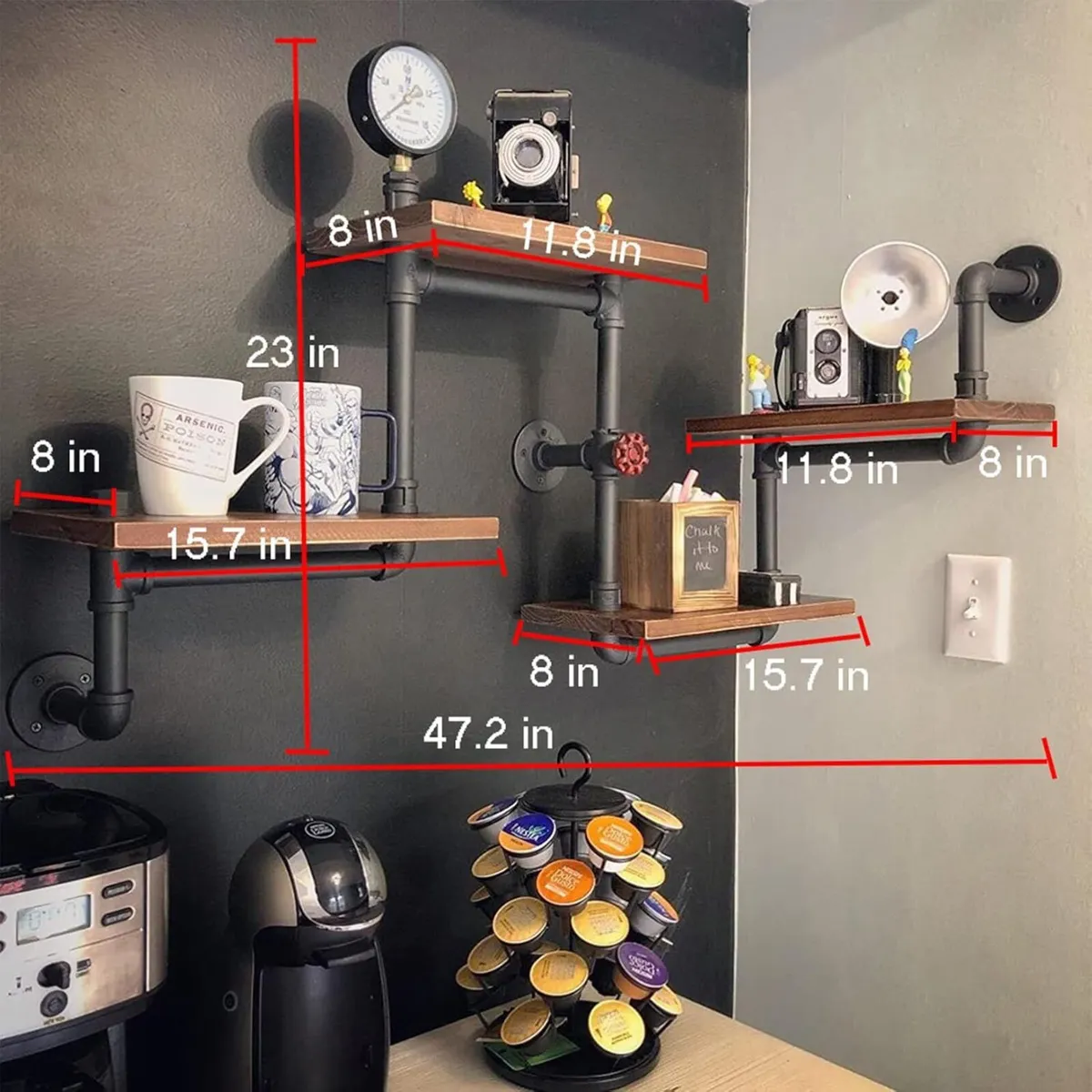 Industrial Vintage Pipe Shelf with Wood Wall Mount - Image 2