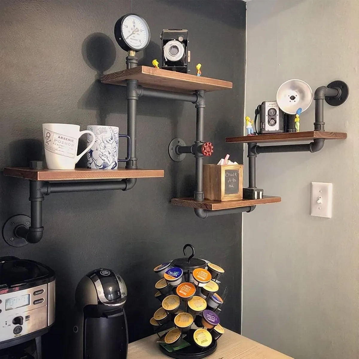 Industrial Vintage Pipe Shelf with Wood Wall Mount - Image 1