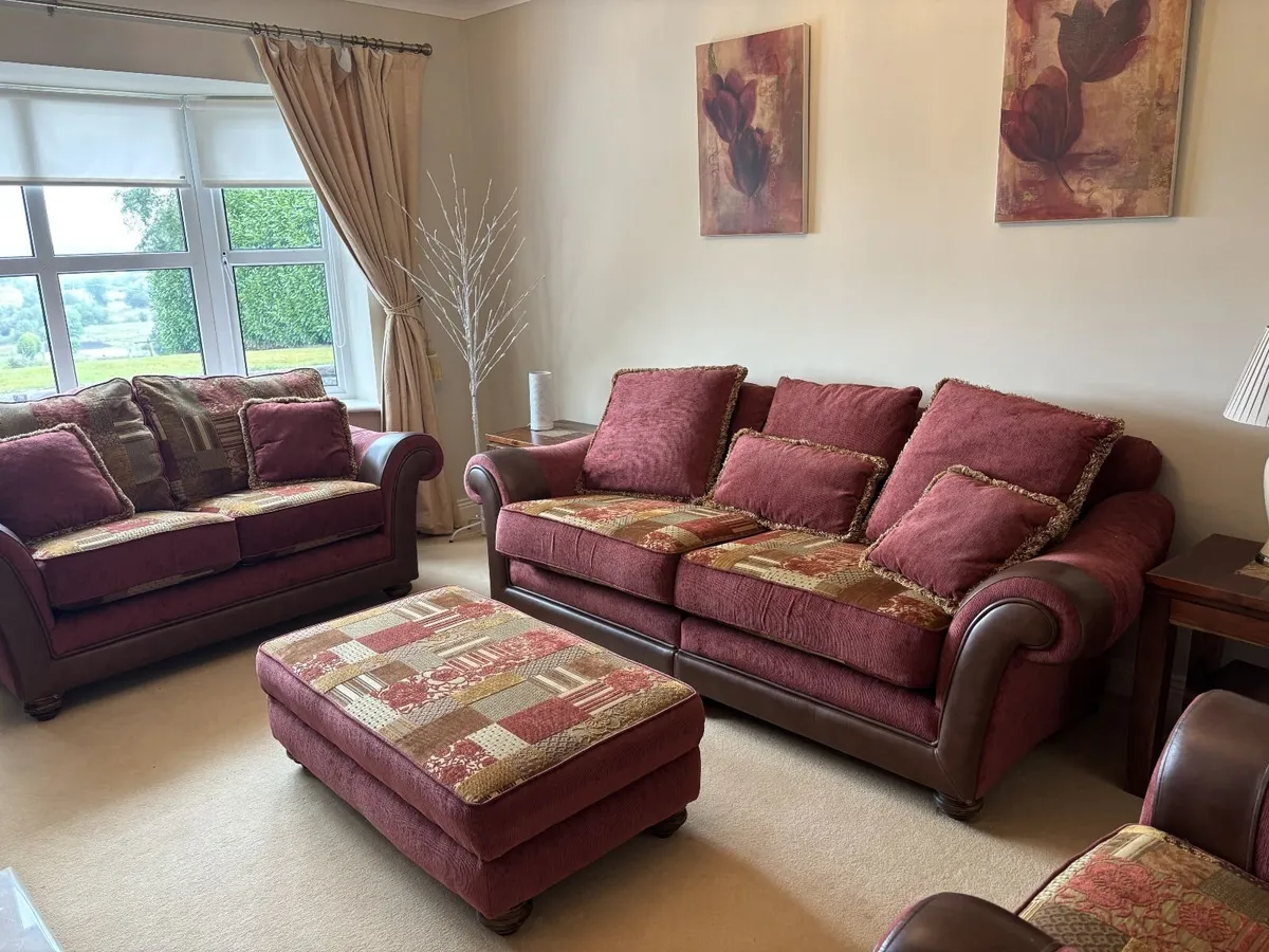 3-Piece Suite, Footstool & Solid Wood Furniture - Image 1