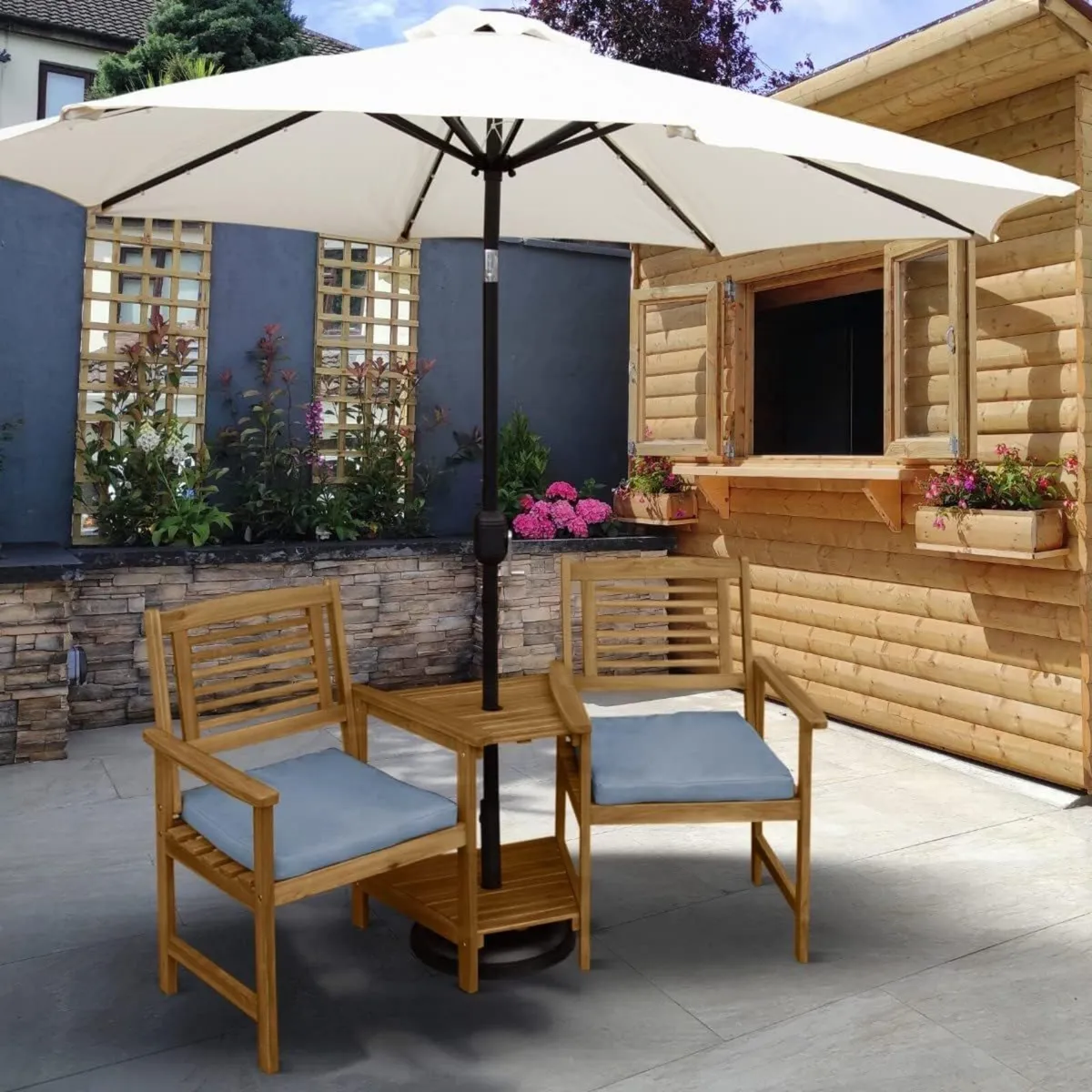 Wooden Companion Love Seat Garden Chairs 2 Tier - Image 2
