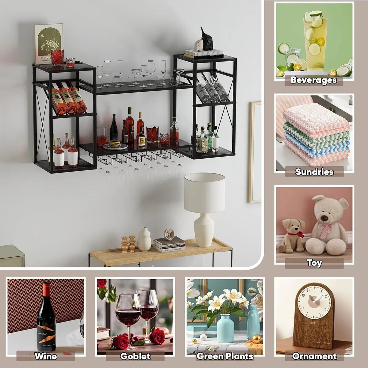 Wine Rack Wall Mounted Bottle Organiser with Glass - Image 2