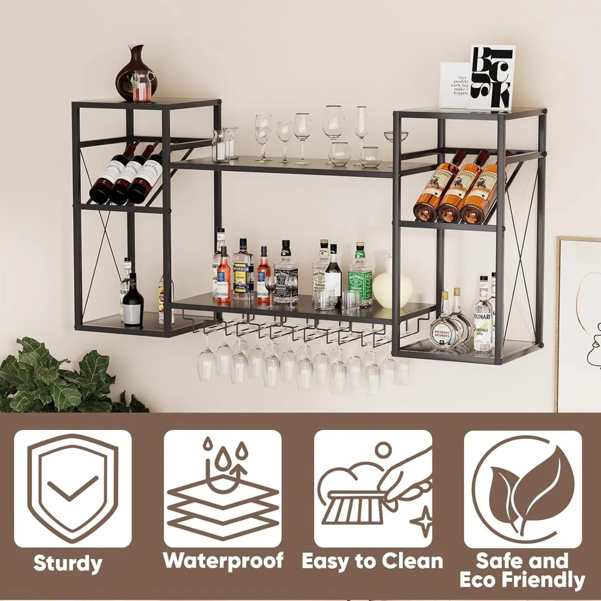 Wine Rack Wall Mounted Bottle Organiser with Glass - Image 4