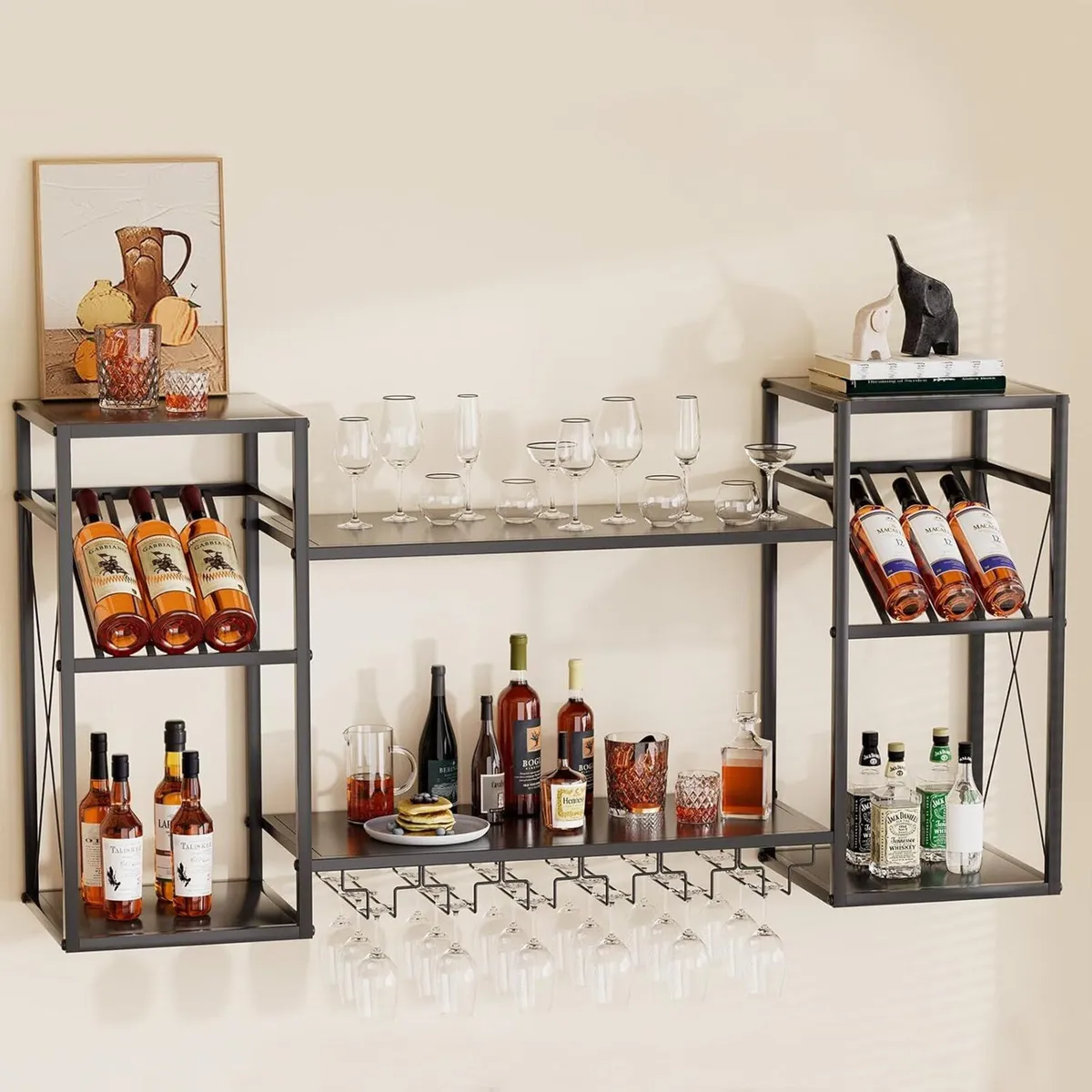 Wine Rack Wall Mounted Bottle Organiser with Glass - Image 1