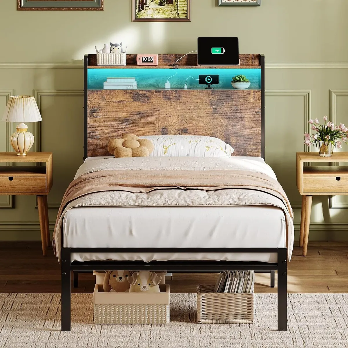 Bed Frame with Storage Wooden Headboard - Image 1
