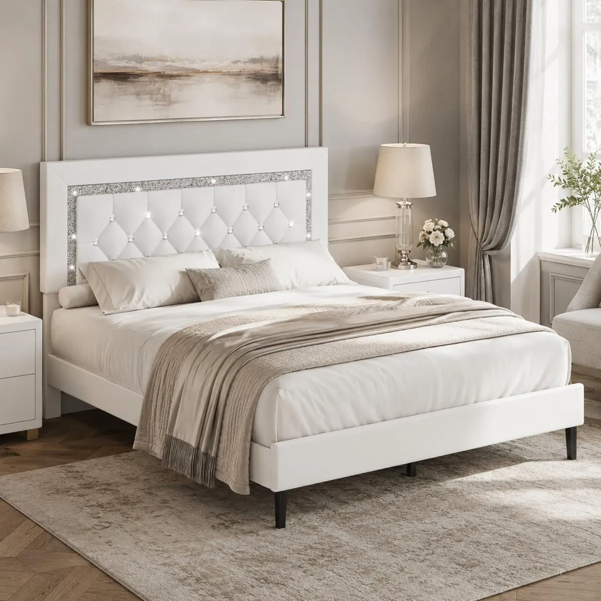 Bed Frame Upholstered Platform with Diamond - Image 1