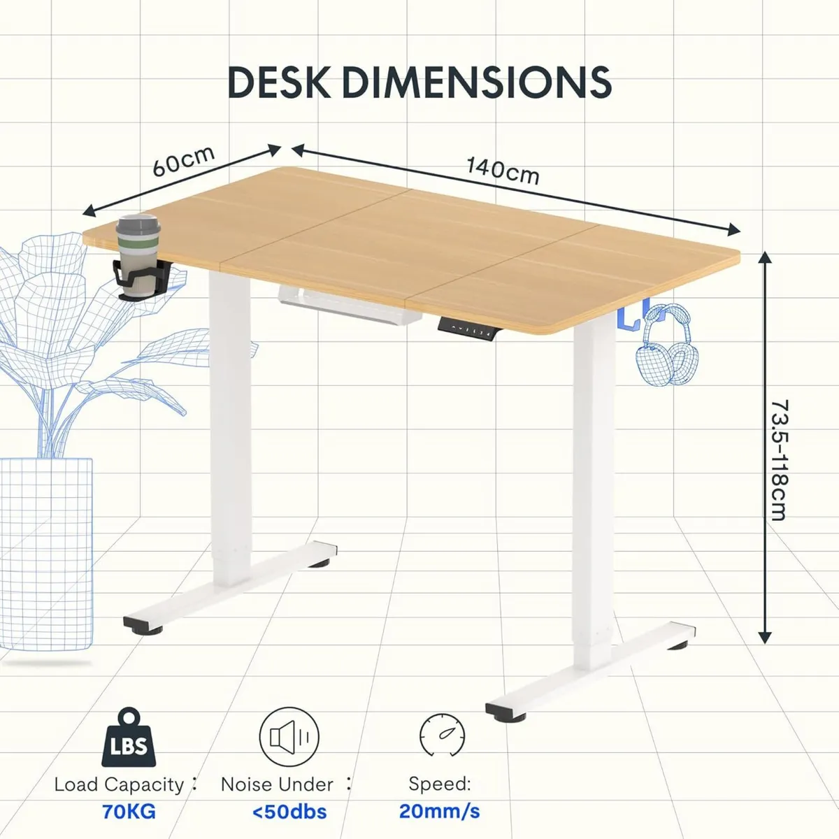 140 X 60CM Electric Standing Desk Height - Image 2