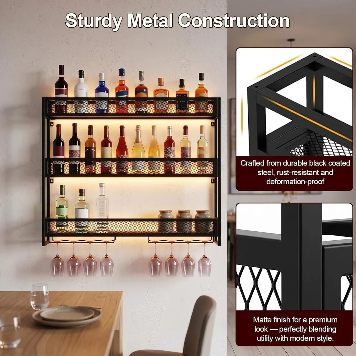 Wall Mounted Wine Rack 3-Tier Metal Shelf Bottle - Image 3