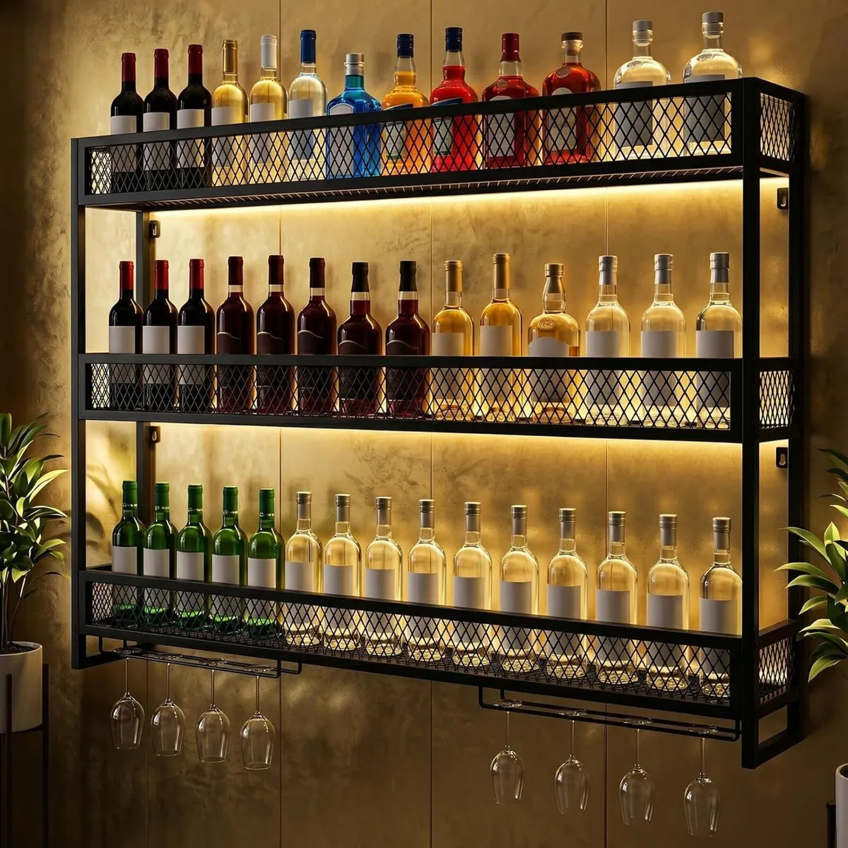 Wall Mounted Wine Rack 3-Tier Metal Shelf Bottle - Image 1
