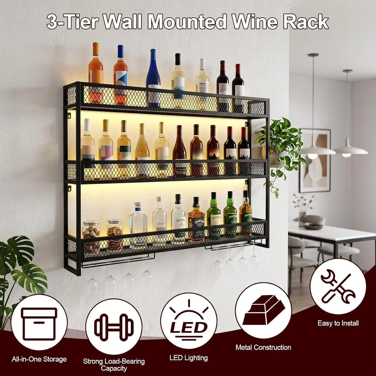 Wall Mounted Wine Rack 3-Tier Metal Shelf Bottle - Image 2