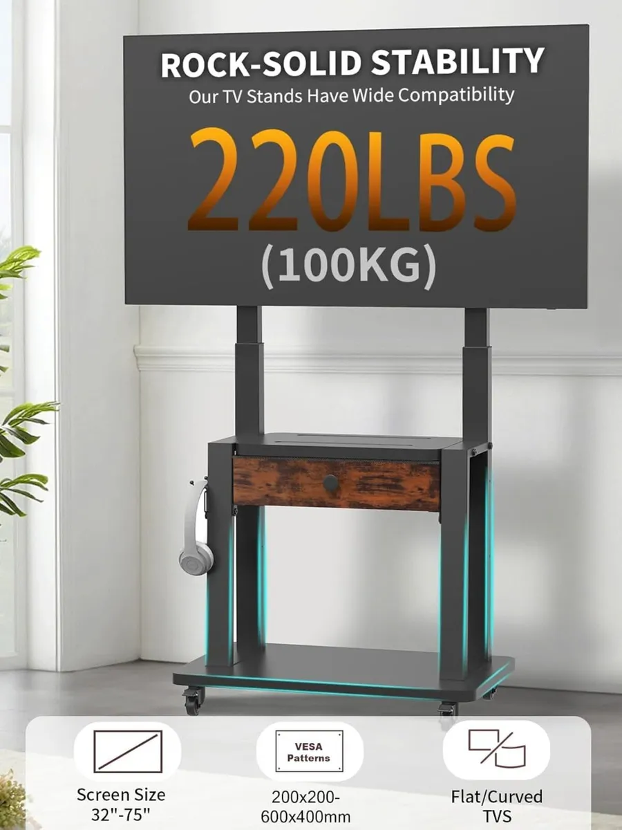 Rolling TV Stand with Fabric Drawer for 32-75 - Image 4