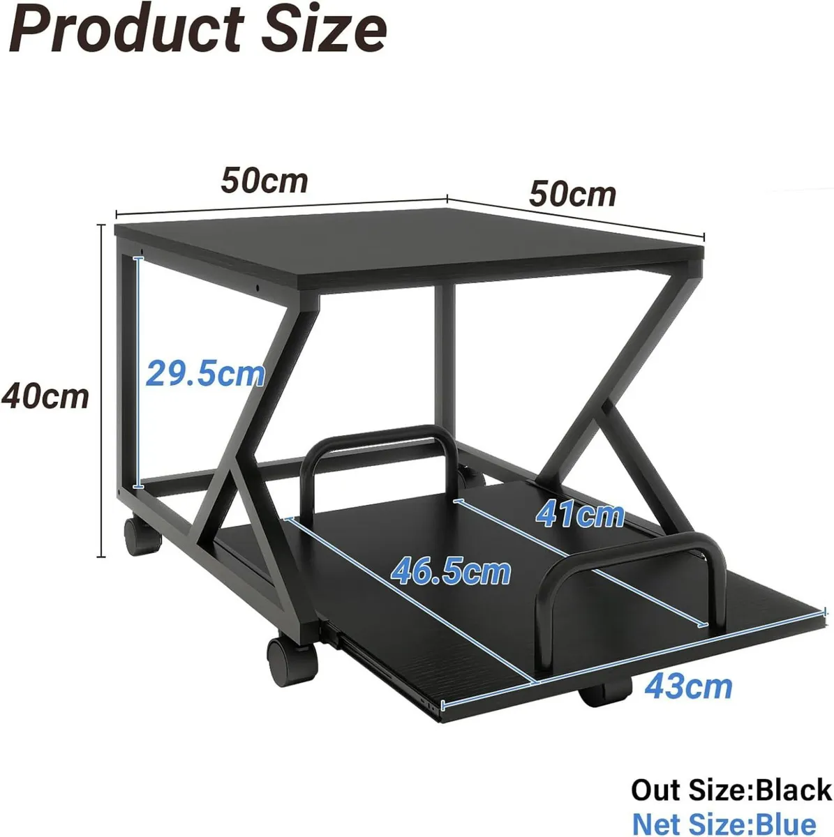 50x50CM 2-Tier Printer Stand with Pull Out Shelf - Image 3