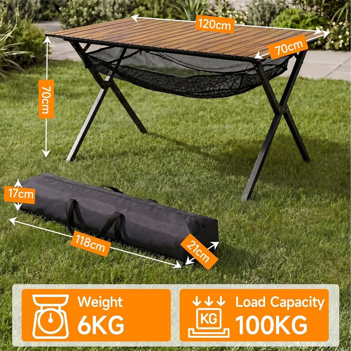 Folding Camping Table 120x70x70CM Large Roll Up - Image 2