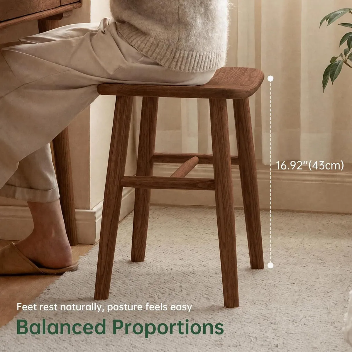 100% Oak Solid Wood Dressing Stool with Curved - Image 3