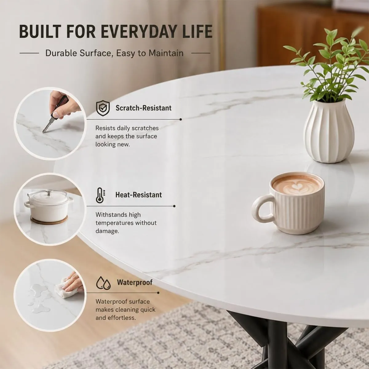 Round Dining Table with Marble-Effect Top - Image 3