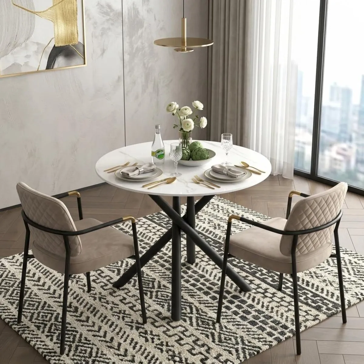 Round Dining Table with Marble-Effect Top - Image 4