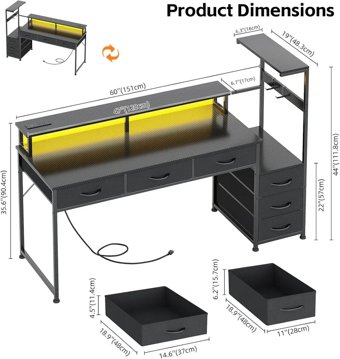 Computer Desk with 6 Fabric Drawers Reversible - Image 3