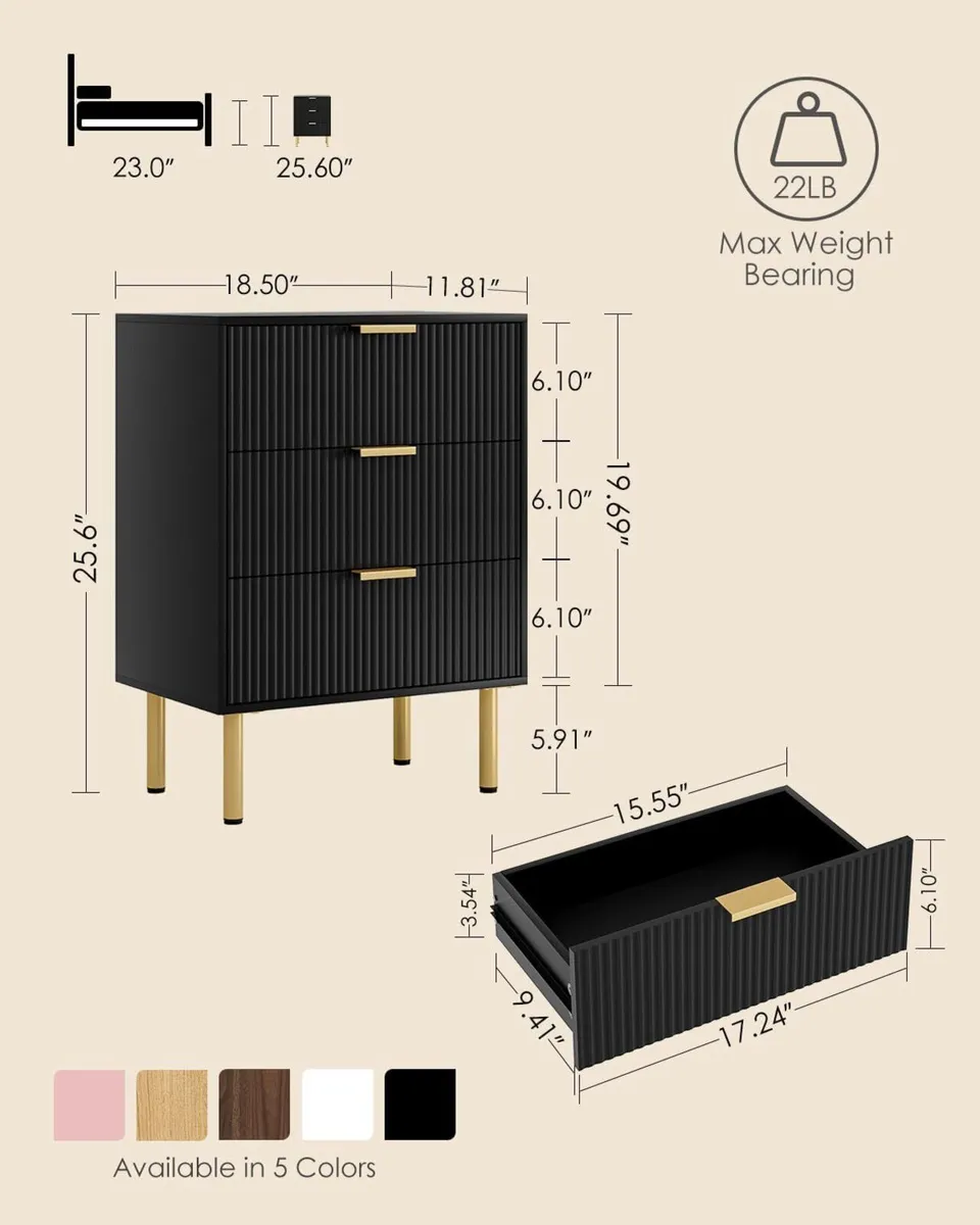 Bedside Table with 3 Drawers Modern Cabniet Metal - Image 2