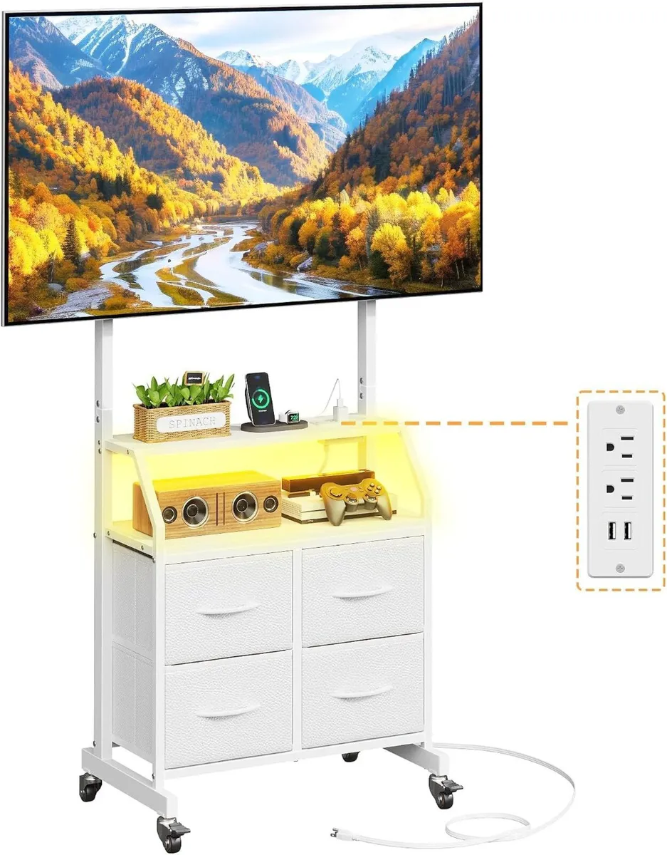 LED Rolling TV Stand on Wheels with Mount - Image 1