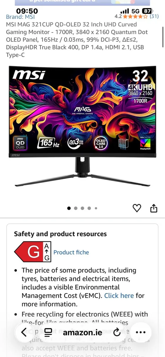 MSI MAG321 CUP QD-OLED 32” UHD Curved game monitor - Image 1