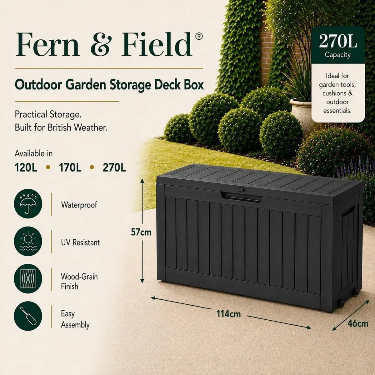 270L Outdoor Garden Storage Deck Box Waterproof - Image 3