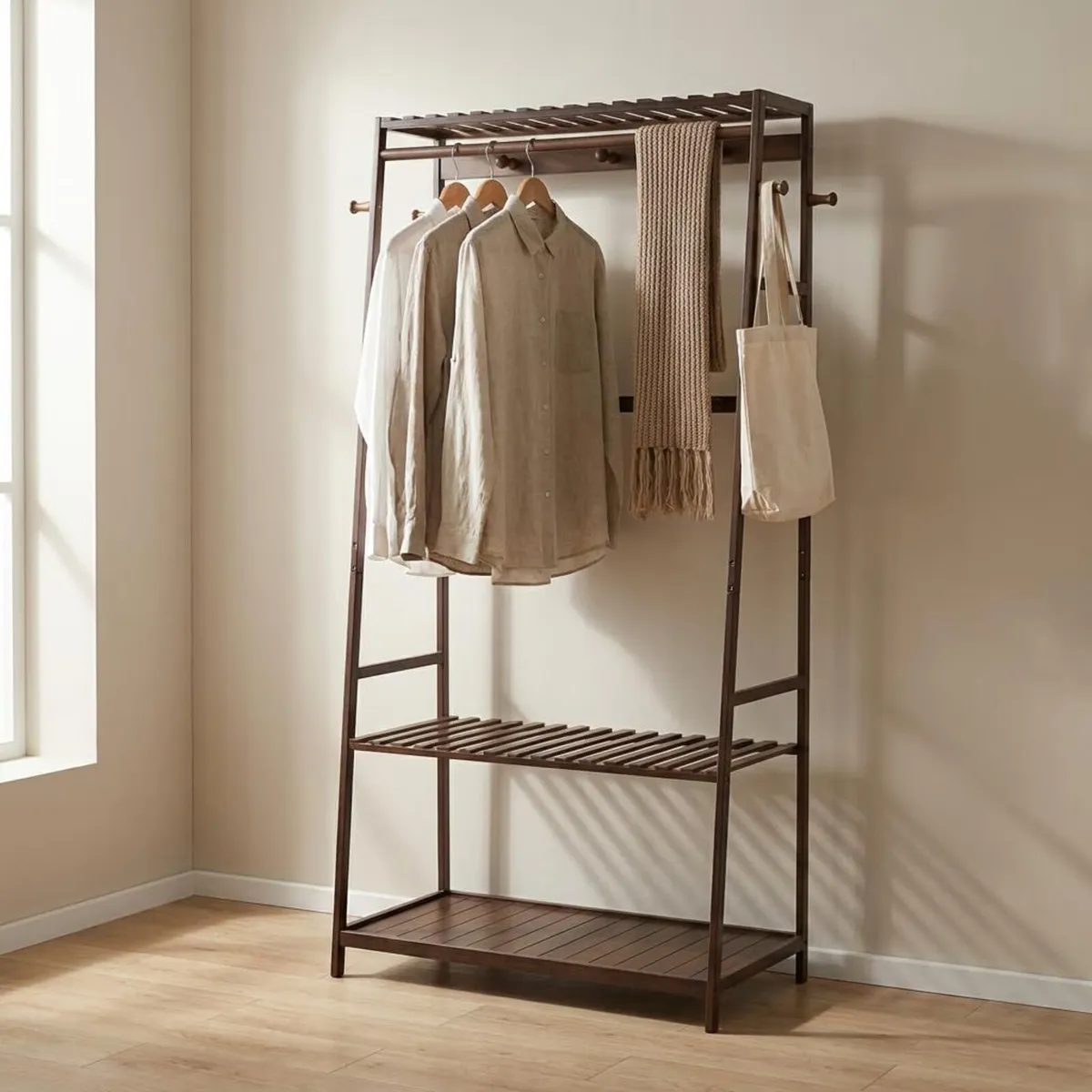 Wooden Clothes Rail Rack with Shoe Storage Garment - Image 1