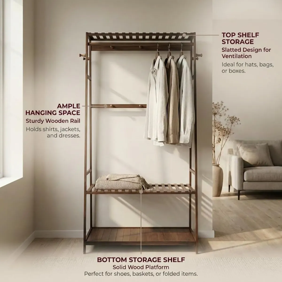 Wooden Clothes Rail Rack with Shoe Storage Garment - Image 3