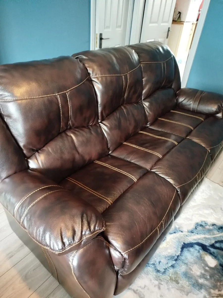 Brown Leather 3 Seater & 2 Recliners - Image 2