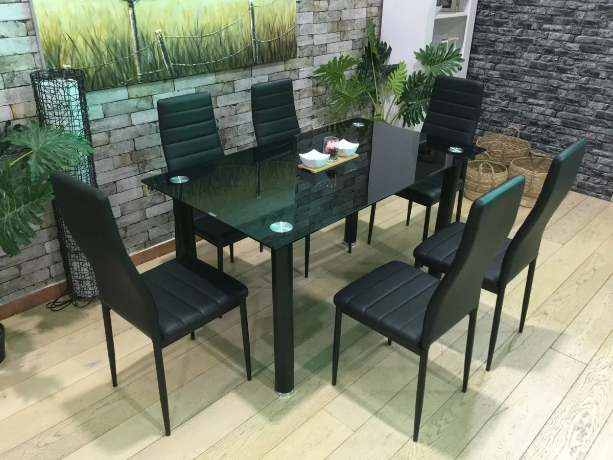 Black Glass Dining Table Set Seats 6 in Style! - Image 1