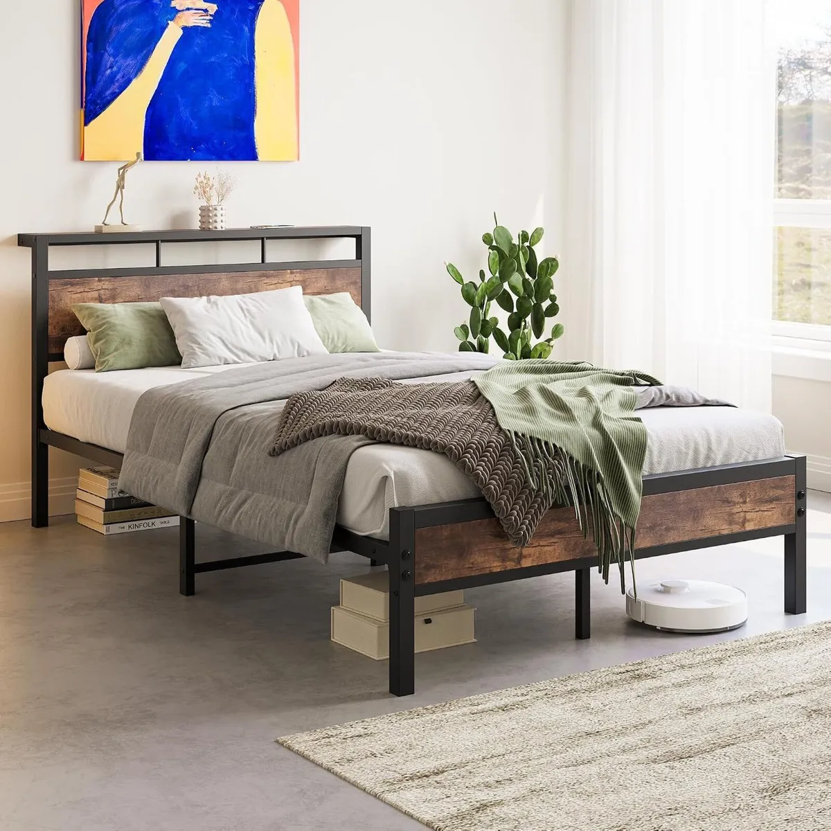 Metal Bed Frame with Wooden Headboard Shelves - Image 3