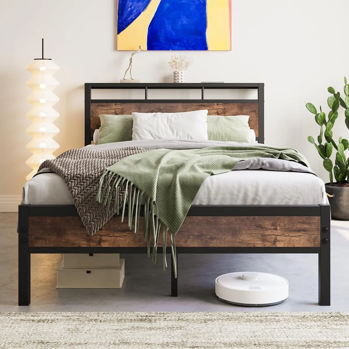 Metal Bed Frame with Wooden Headboard Shelves - Image 1