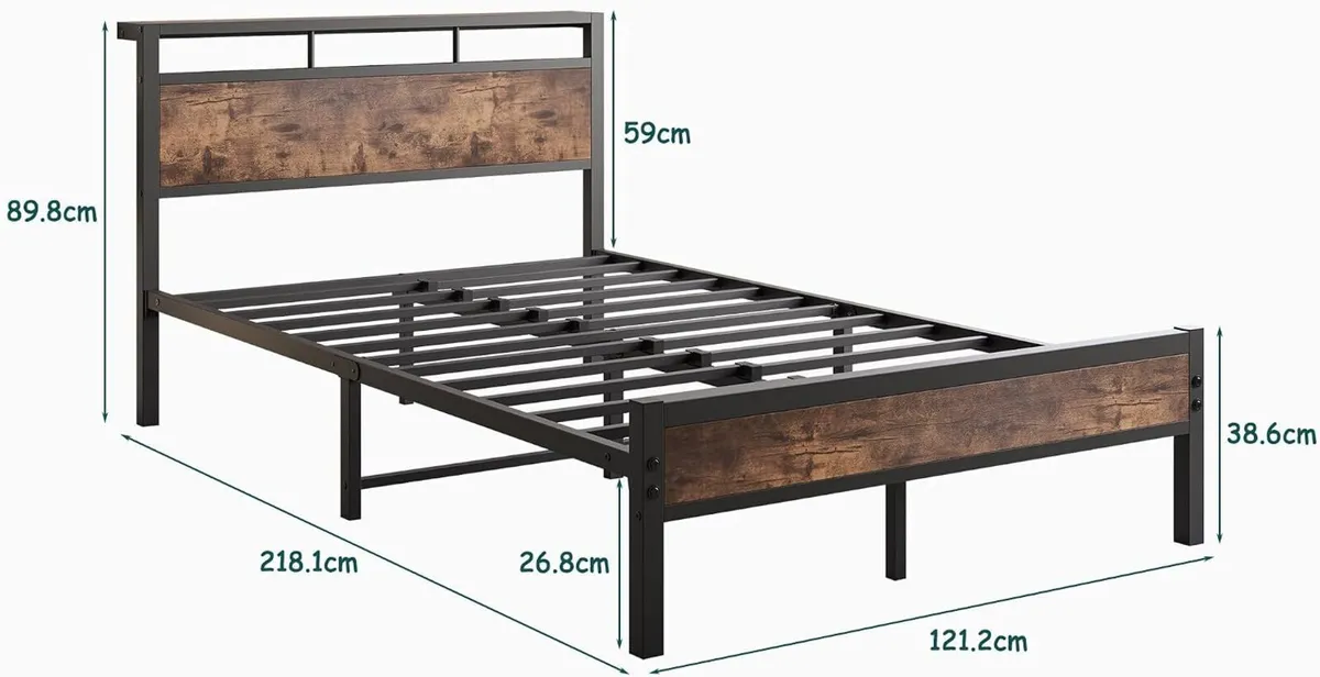 Metal Bed Frame with Wooden Headboard Shelves - Image 2