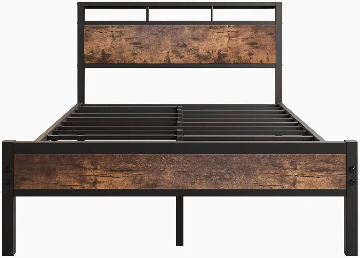Metal Bed Frame with Wooden Headboard Shelves - Image 4