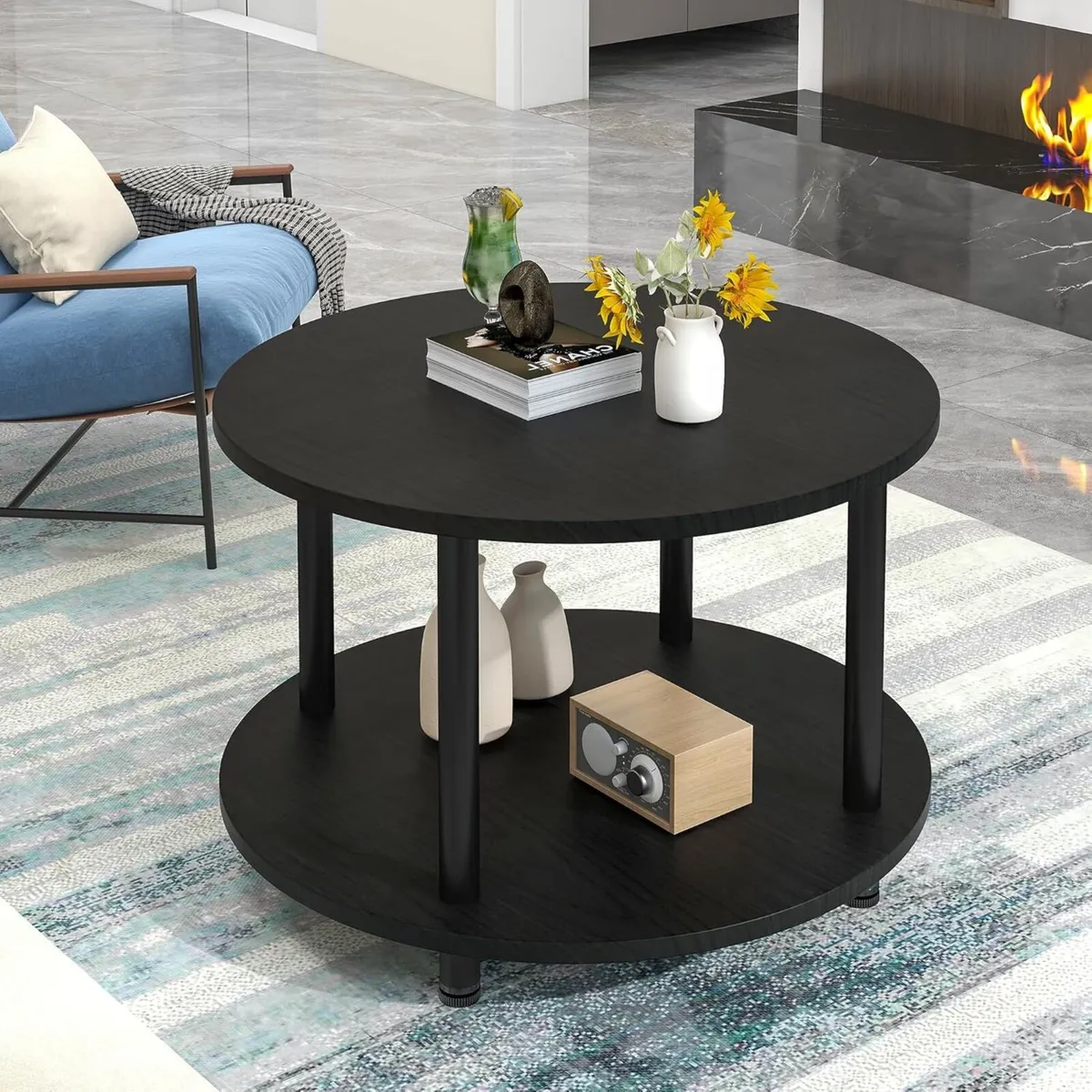 Round Coffee Table 2 Shelves Living Room Side - Image 2