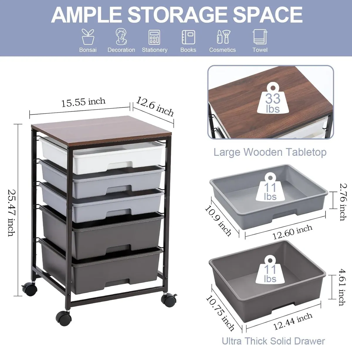 Bathroom Trolley with 5 Drawers and Wooden Worktop - Image 3
