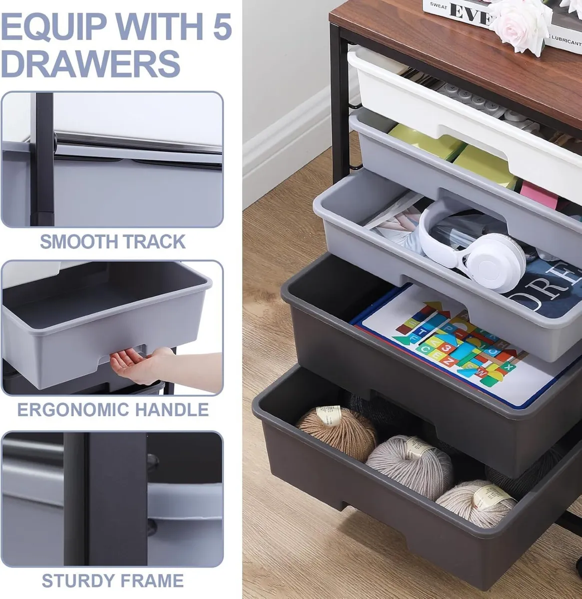 Bathroom Trolley with 5 Drawers and Wooden Worktop - Image 4