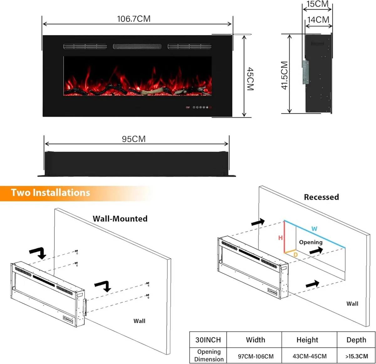 84CM Electric Fireplace Insert Linear Wall - Image 3
