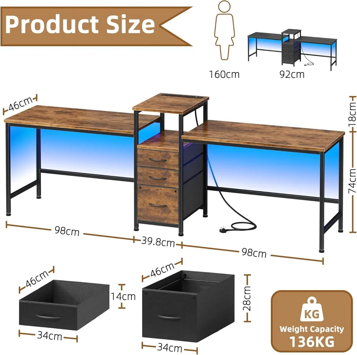 236CM Double Desk with Charging Station LED - Image 2