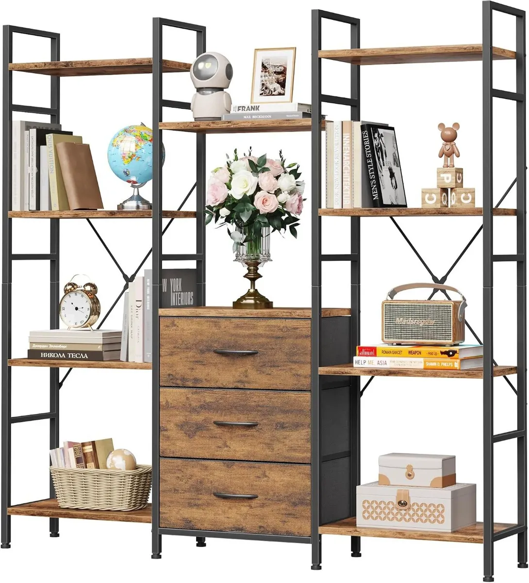 4-Tier Bookcase with Drawers Rustic Shelving - Image 1