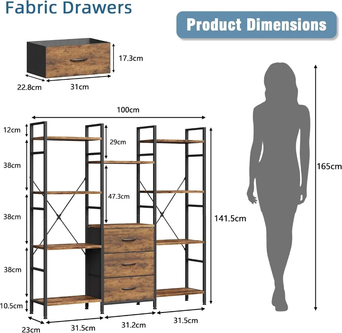 4-Tier Bookcase with Drawers Rustic Shelving - Image 3