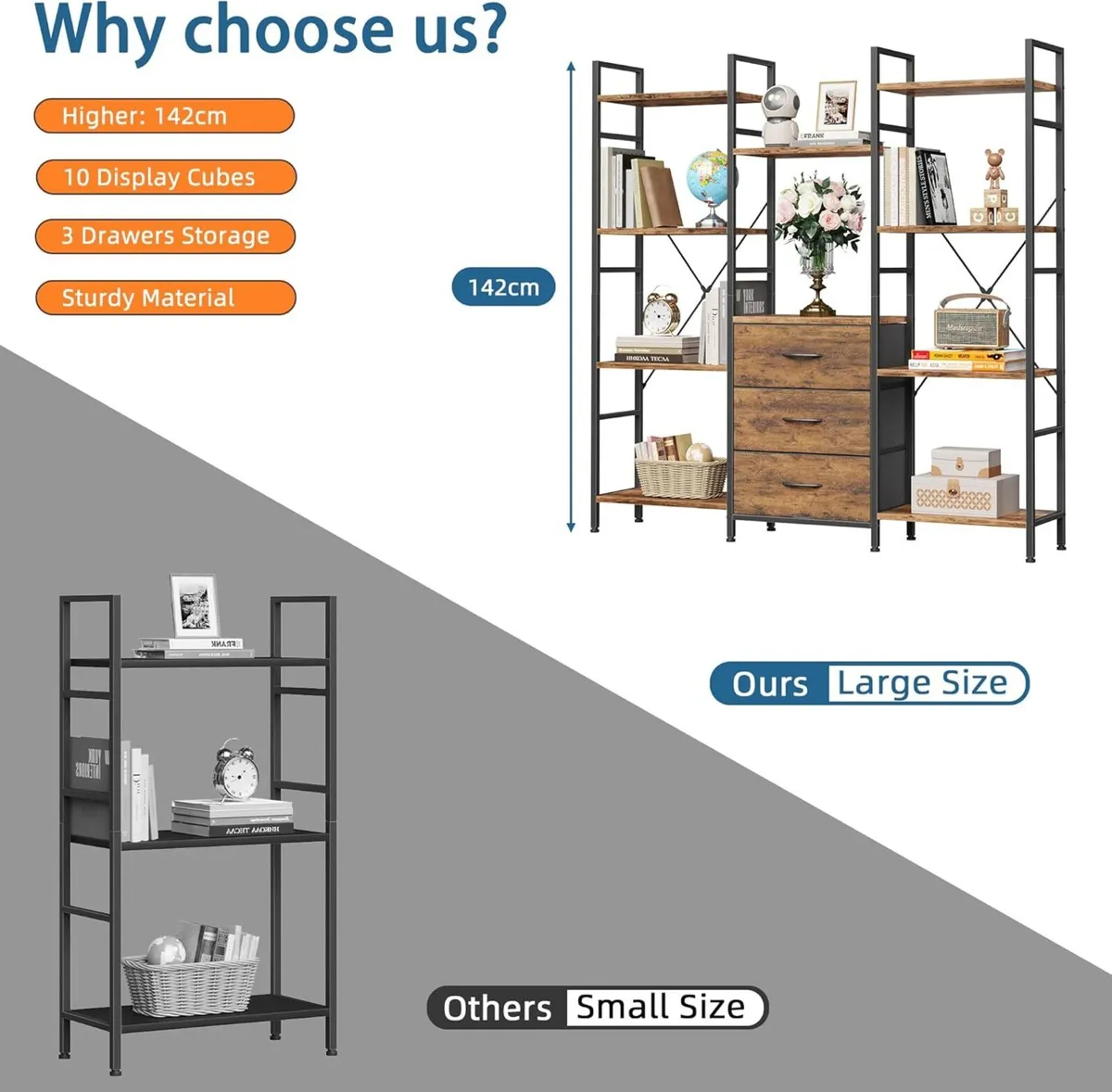 4-Tier Bookcase with Drawers Rustic Shelving - Image 4