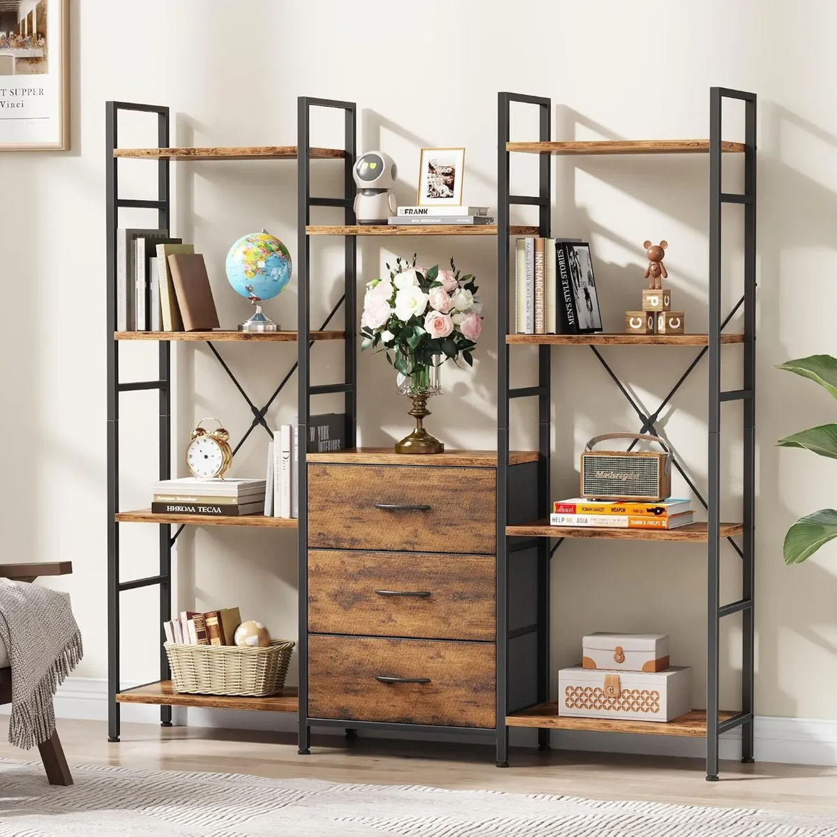 4-Tier Bookcase with Drawers Rustic Shelving - Image 2