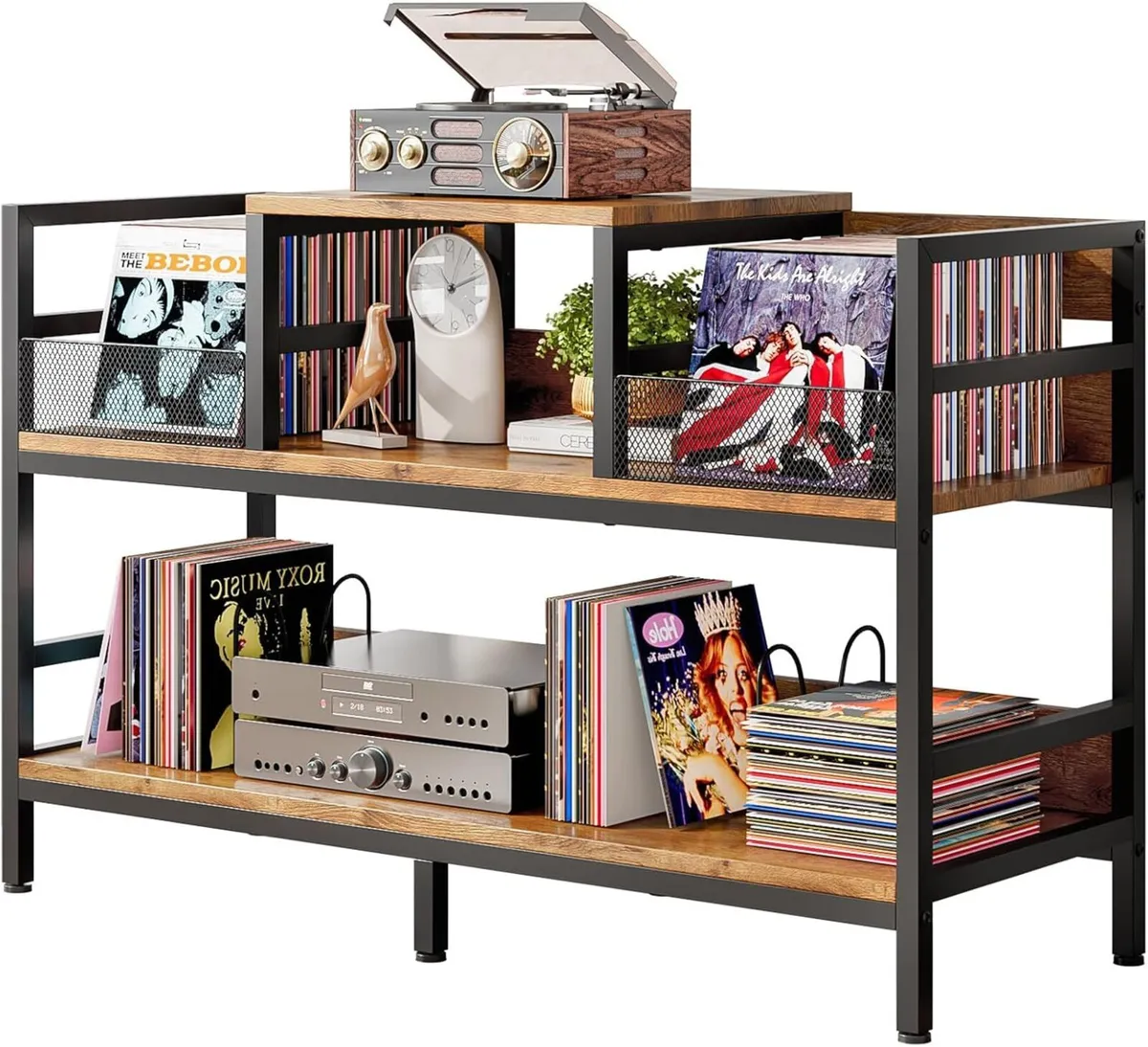 Record Player Stand Vinyl Storage with 4 Dividers - Image 1
