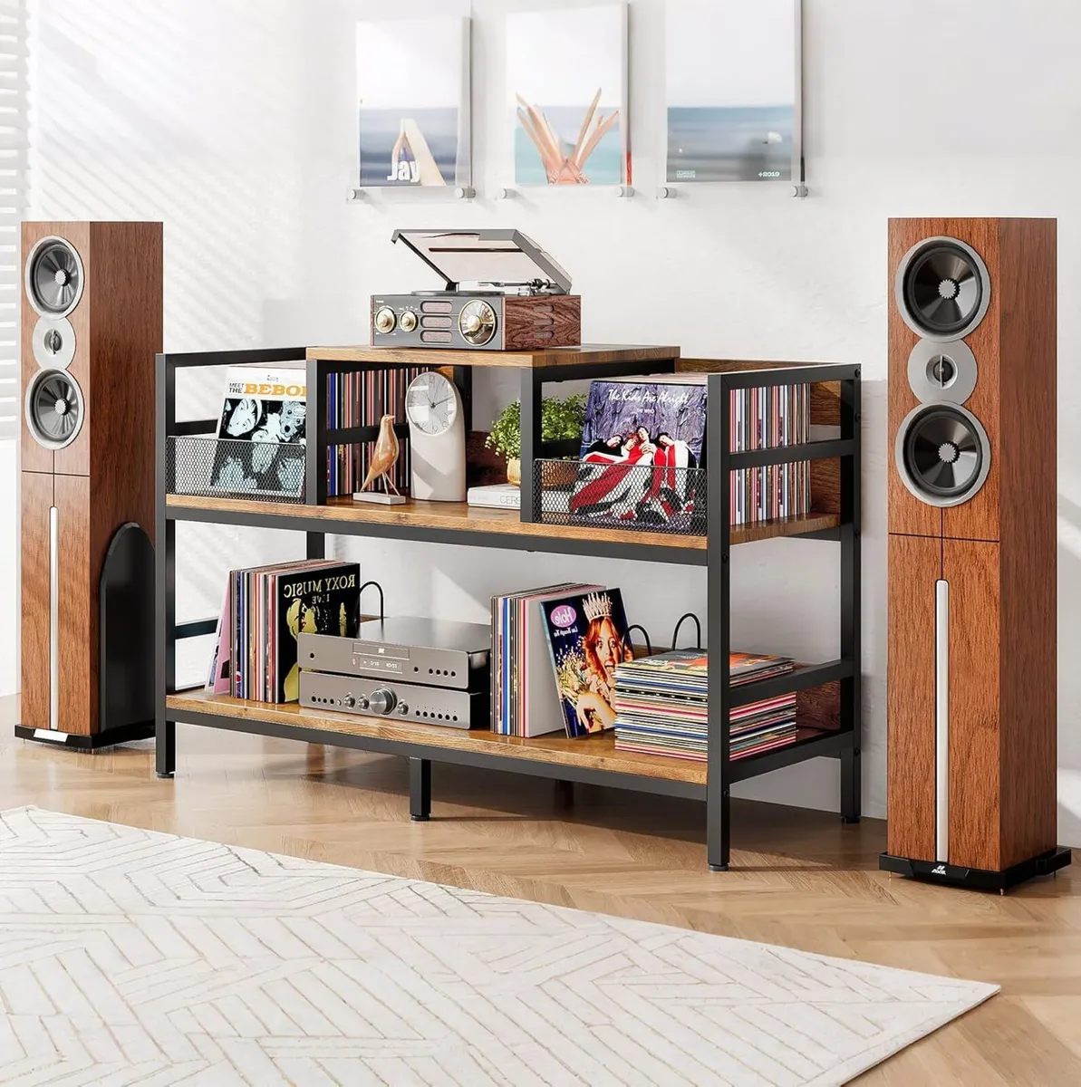 Record Player Stand Vinyl Storage with 4 Dividers - Image 3