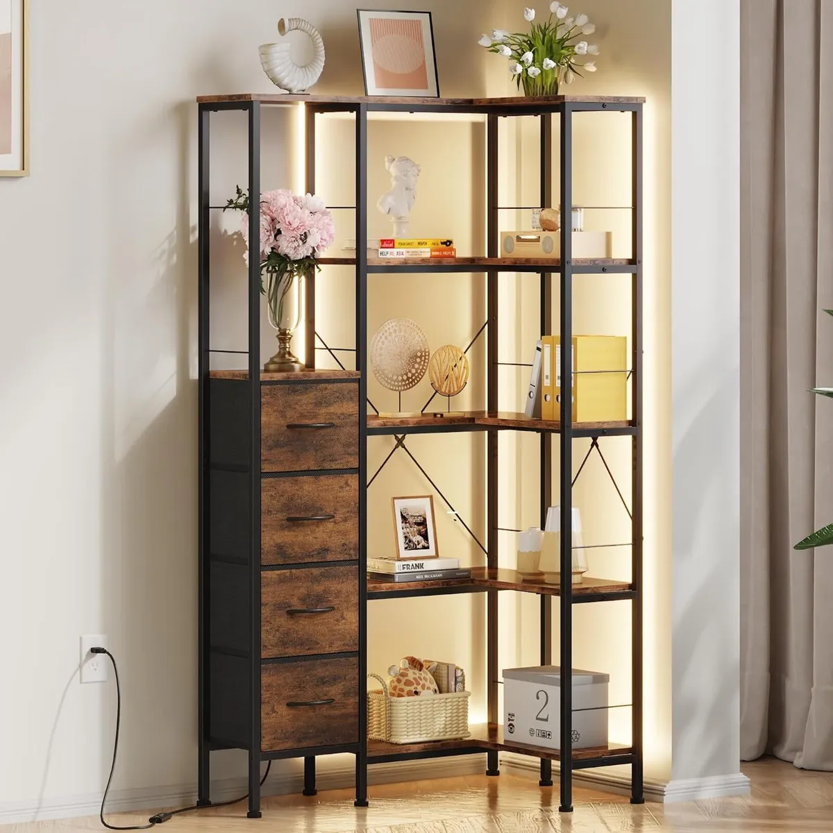 Corner Bookshelf Unit with 4 Fabric Drawers LED - Image 1