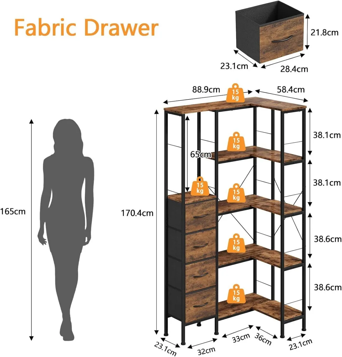 Corner Bookshelf Unit with 4 Fabric Drawers LED - Image 2