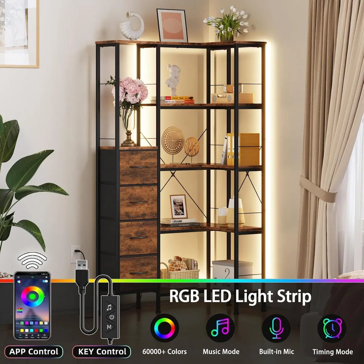 Corner Bookshelf Unit with 4 Fabric Drawers LED - Image 3